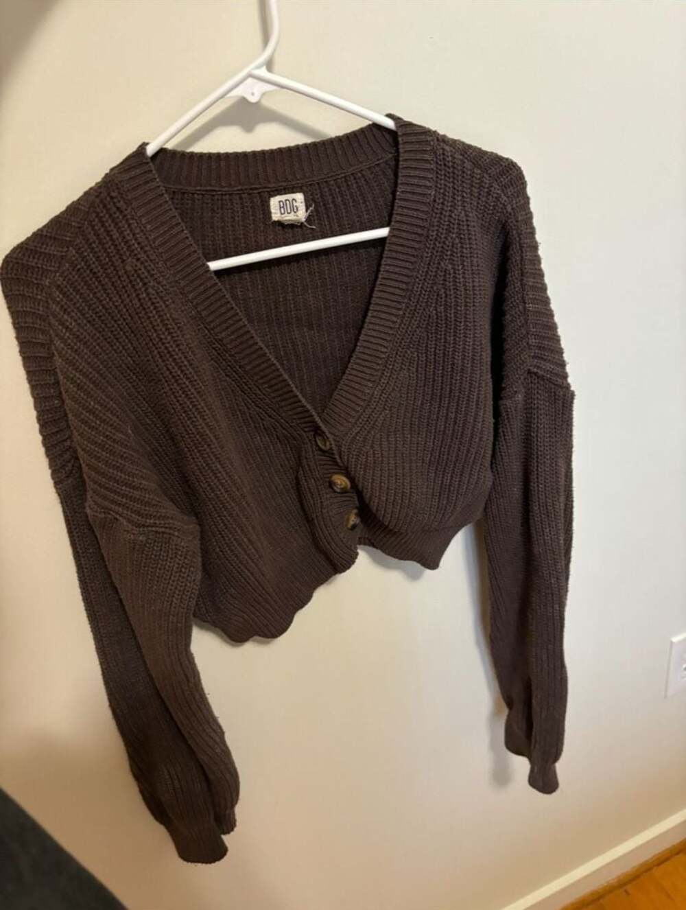 BDG Women's Brown Ribbed Knit Cropped Button-Up Cardigan